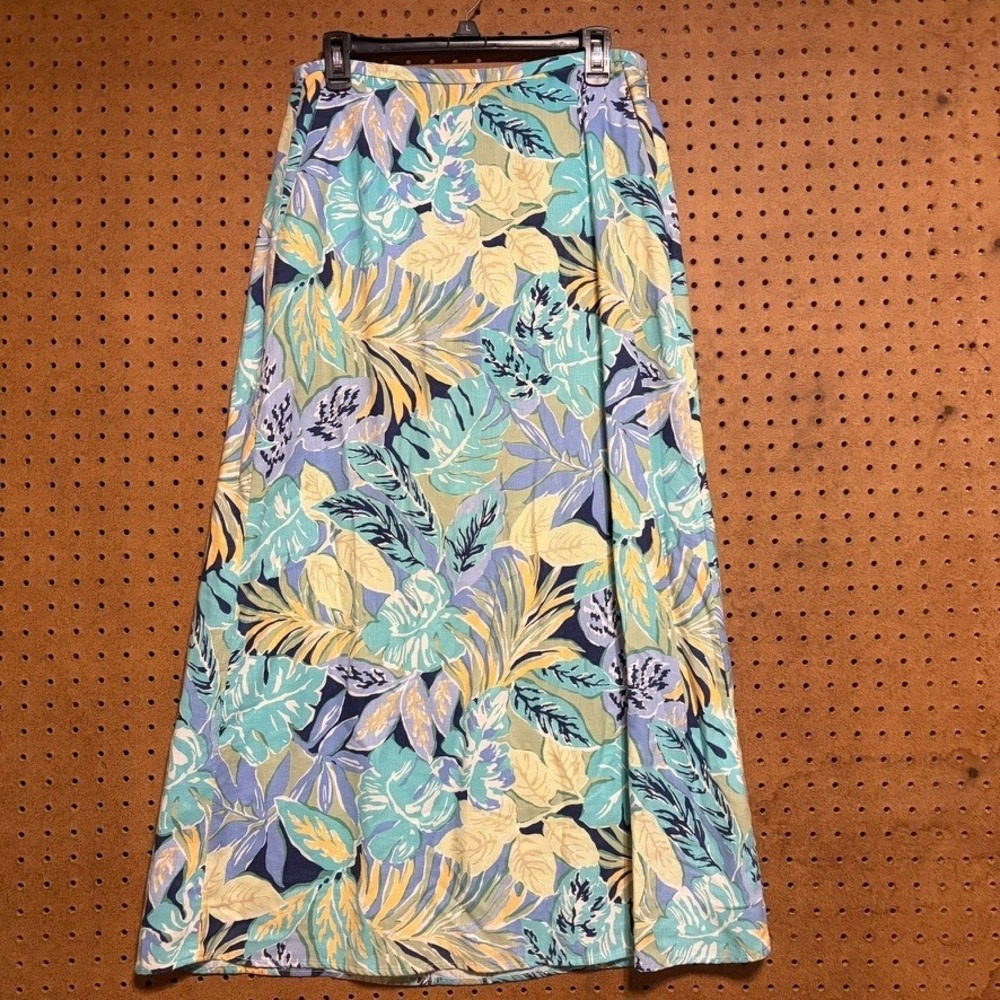 VTG Talbots Maxi Skirt 10 Blue Green Tropical Floral Linen Blend Summer Vacation